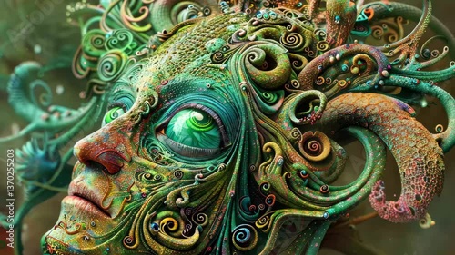 Wallpaper Mural A humanoid figure with elaborate patterns entwined around its face stands out in a surreal environment filled with rich colors and organic shapes, evoking a sense of wonder. Torontodigital.ca