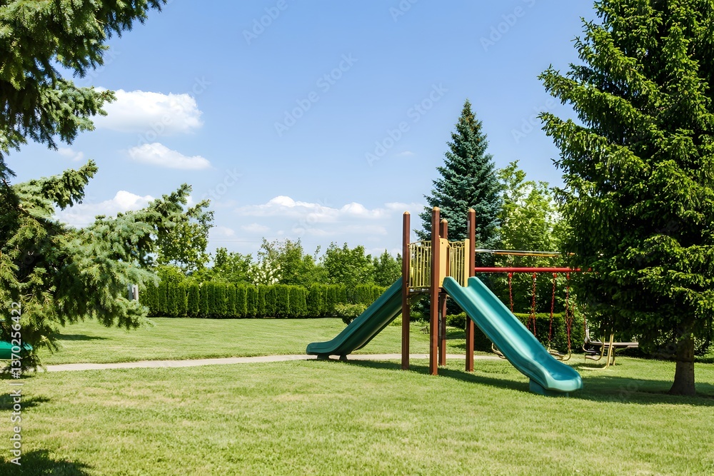Playground Slides on green grass, trees, clear blue sky and white clouds Playground Slides on green grass, trees, clear blue sky and white clouds