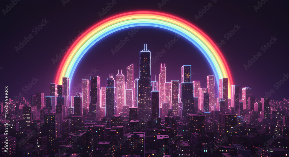 Fototapeta premium Neon Rainbow Over Futuristic Cityscape Illuminated in Cyberpunk Colors