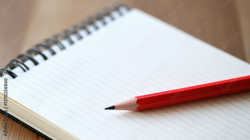 Open Notebook and Red Pencil on a Wooden Table, Symbolizing Creativity, Planning, and Organization in a Natural Setting Open Notebook and Red Pencil on a Wooden Table, Symbolizing Creativity, Planning, and Organization in a Natural Setting