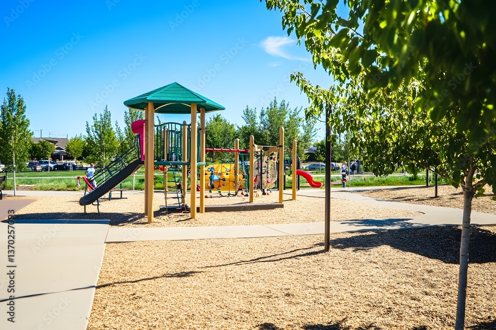 Playground with slide, climbing structures, & green roof on sunny day Playground with slide, climbing structures, & green roof on sunny day