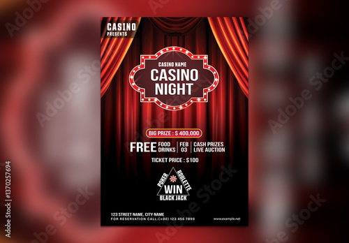 Casino Night, Editable Flyer with Red Curtain and Classic Theme for Advertisements.