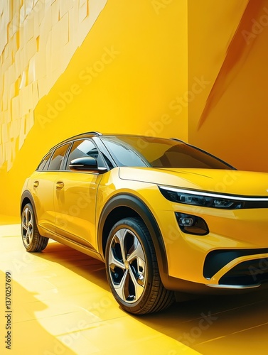 Wallpaper Mural Modern yellow car displayed against a geometrically textured wall scene Torontodigital.ca