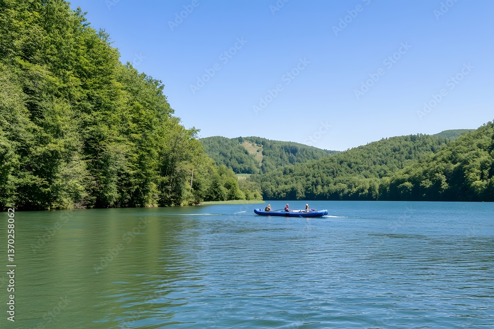 Fototapeta premium Raft in serene waters, lush forest surrounds. Blue sky above