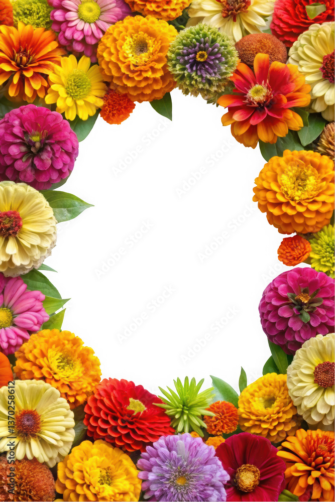 Obraz premium A vibrant floral frame composed of bright zinnias, marigolds, and daisies in various colors, radiating joy and beauty, perfect for invitations or seasonal greetings.