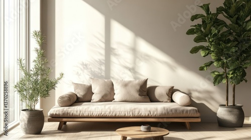 Minimalist, sun-drenched living room with a light beige sofa and wooden elements