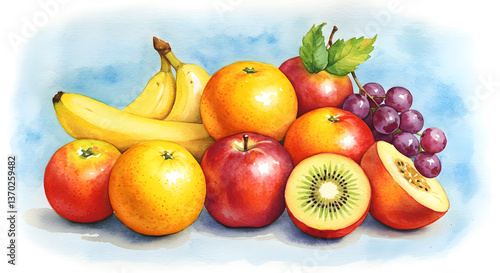 Delightful watercolor painting of diverse tropical fruits arrangement, vibrant colors