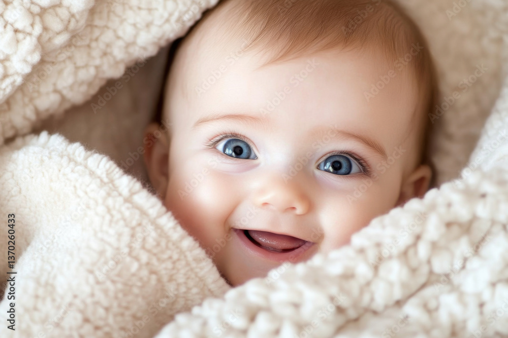 Adorable baby smiling and playing under soft blanket Adorable baby smiling and playing under soft blanket