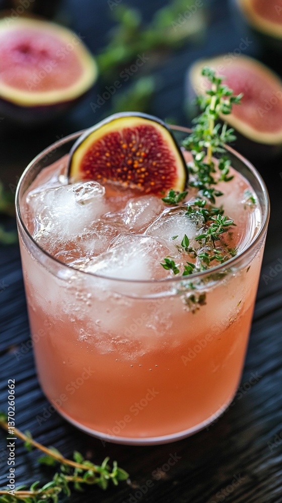 Refreshing fig and thyme cocktail with vibrant pink hue, served over ice in a lowball glass, garnished with fresh fig slice and delicate herb sprig on rustic background Refreshing fig and thyme cocktail with vibrant pink hue, served over ice in a lowball glass, garnished with fresh fig slice and delicate herb sprig on rustic background