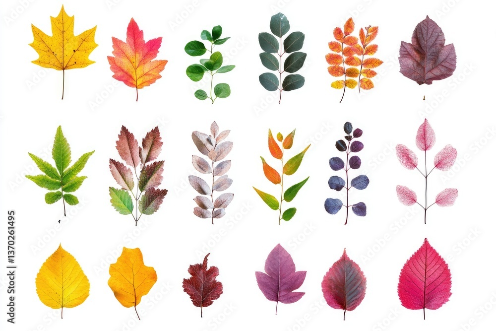 Obraz premium Colorful Assortment of Fall Leaves Displayed on White Background Studio Shot