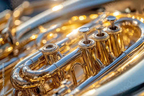 Valves of a shiny brass instrument reflecting golden light
