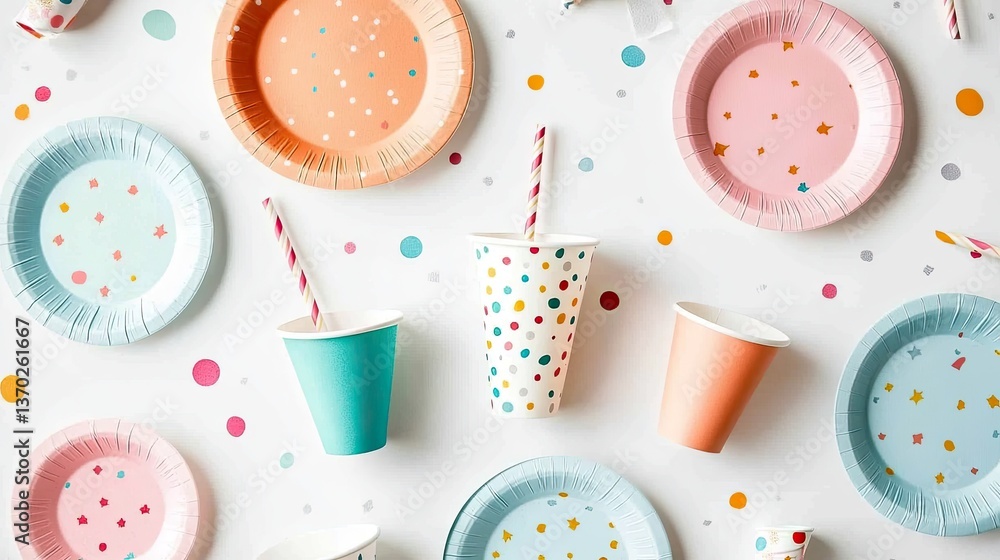 Colorful Party Supplies with Polka Dots on White Background Colorful Party Supplies with Polka Dots on White Background