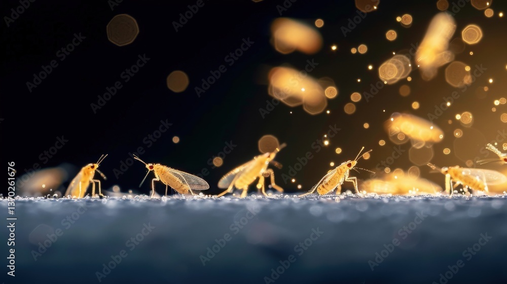 Naklejka premium Close up of Insects at Night, Tiny insects on a surface with bokeh lights.
