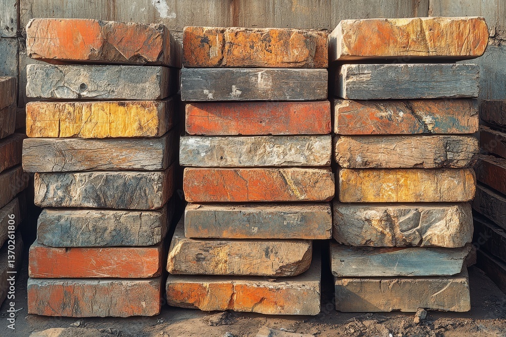 Stacked reclaimed wood blocks, showing rich textures and colors of aged timber. Perfect for rustic, industrial, or vintage design projects. Stacked reclaimed wood blocks, showing rich textures and colors of aged timber. Perfect for rustic, industrial, or vintage design projects.
