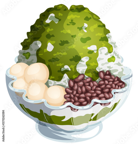 Green Tea Matcha Kakigori with Red Bean Paste Anko and Mochi Balls. Ujikintoki Japanese Shaved Ice Dessert Detailed Illustration