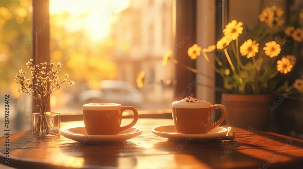 Morning Coffee Scene with Two Cups and Sunlight in Cozy Café Morning Coffee Scene with Two Cups and Sunlight in Cozy Café