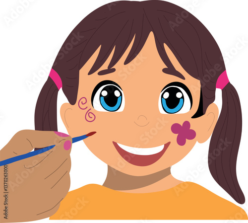 A cheerful child’s face painted with vibrant colors, featuring a playful design. Perfect for themes of childhood, fun, and face painting events.

