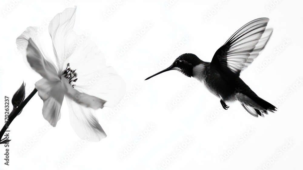 Obraz premium Monochrome hummingbird in flight approaching a flower.