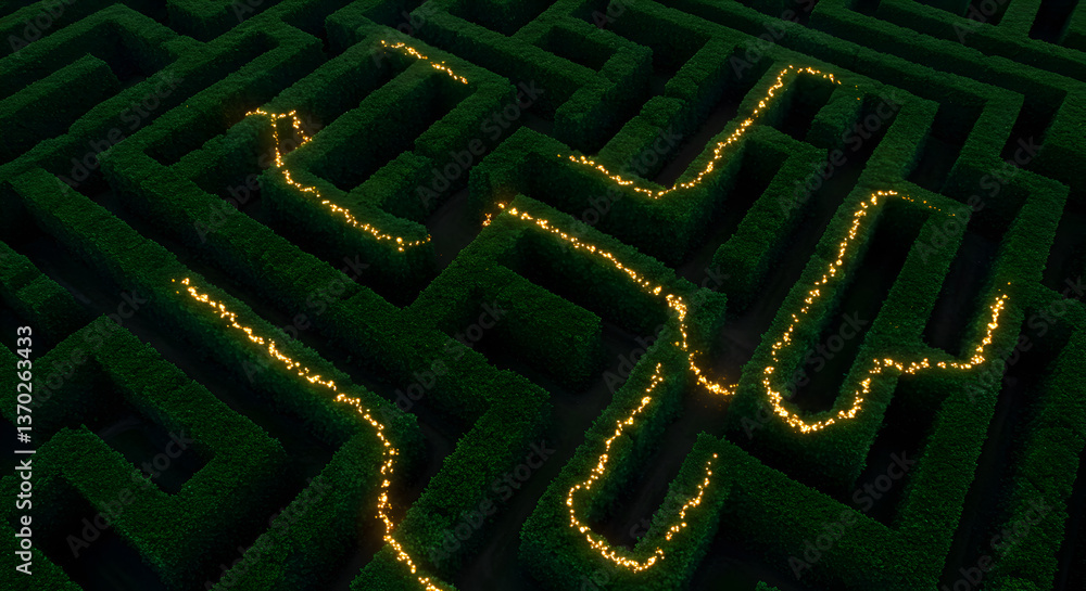 Illuminated path winding through a dense maze, guiding the way forward Illuminated path winding through a dense maze, guiding the way forward