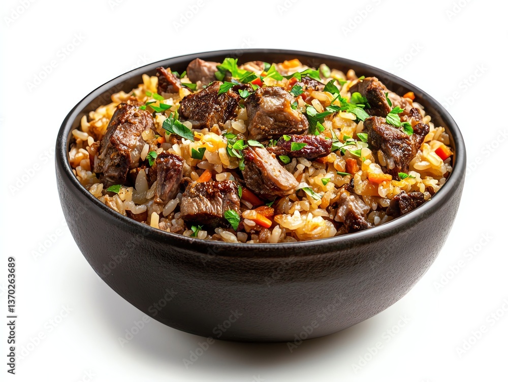 Serving of Beef Pilaf Rice with Parsley in Bowl on White Serving of Beef Pilaf Rice with Parsley in Bowl on White