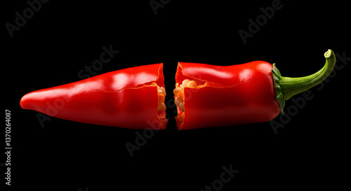 Vibrant Red Chili Pepper Bisected on Deep Black Backdrop, High Contrast