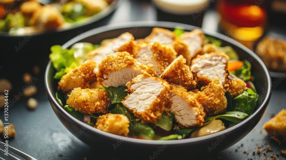 Fresh and Crispy Chicken Salad with Greens, Colorful Vegetables, and Crunchy Toppings Perfect for Health-Conscious Dining and Gourmet Cuisine Photography Fresh and Crispy Chicken Salad with Greens, Colorful Vegetables, and Crunchy Toppings Perfect for Health-Conscious Dining and Gourmet Cuisine Photography