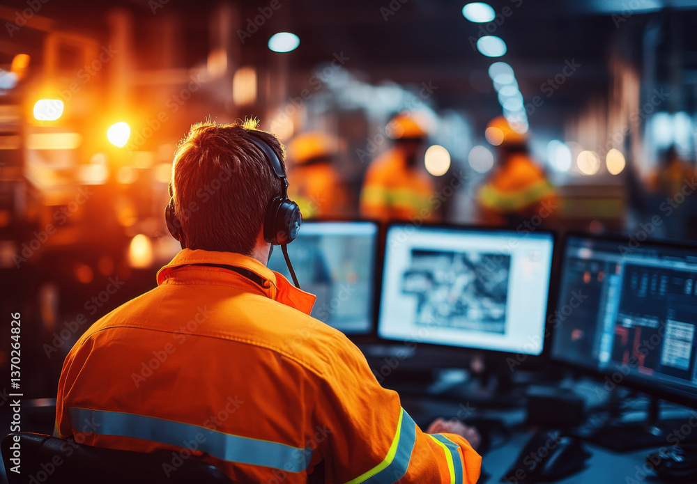 A worker in a high-visibility jacket monitors multiple screens in the control room. Colleagues in safety gear work in the background, highlighting a collaborative safety management effort A worker in a high-visibility jacket monitors multiple screens in the control room. Colleagues in safety gear work in the background, highlighting a collaborative safety management effort