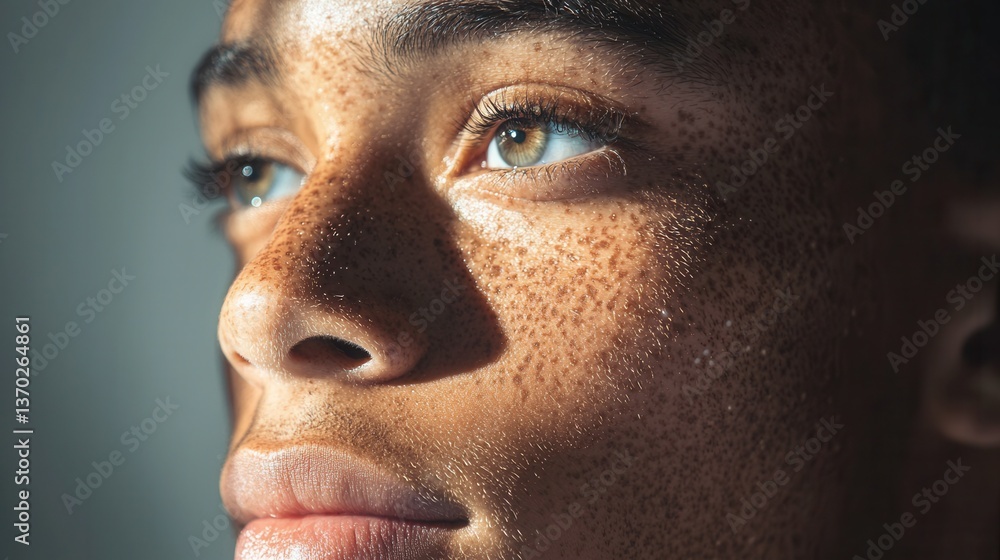 Obraz premium a close-up of a young man with vitiligo, his face beautifully illuminated by soft, natural light, showcasing the unique patterns on his skin. 