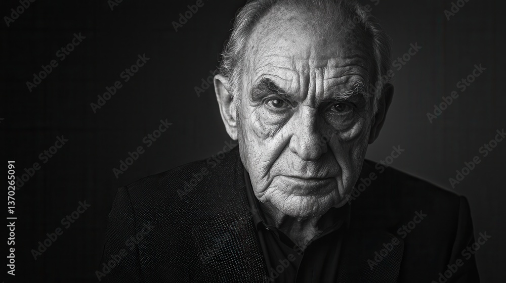a dramatic black-and-white studio portrait of a distinguished older man with deep wrinkles, intense gaze, and moody lighting. a dramatic black-and-white studio portrait of a distinguished older man with deep wrinkles, intense gaze, and moody lighting.