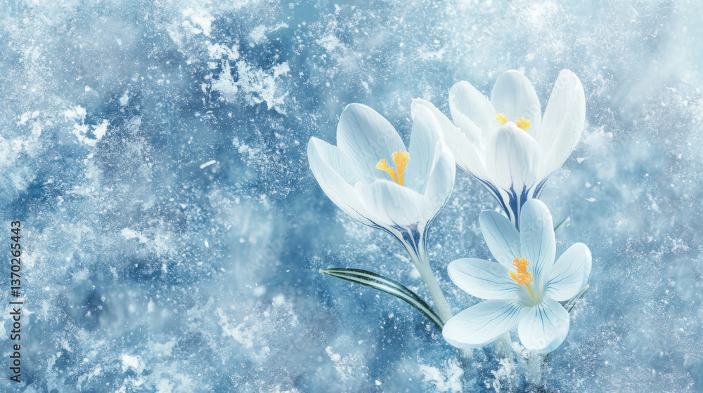 White Crocus Flowers on a Frosty Background White Crocus Flowers on a Frosty Background