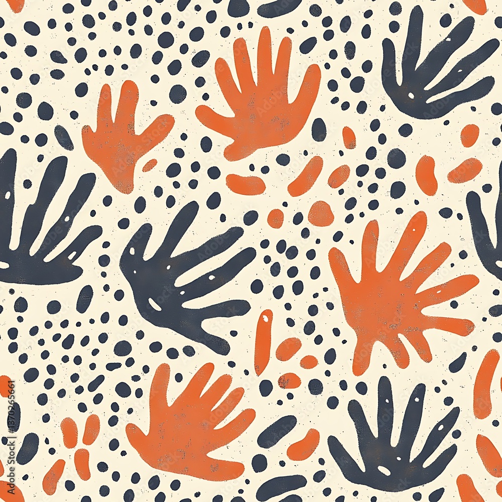 Fototapeta premium Abstract Handprint Pattern Beige Orange and Teal Seamless Design