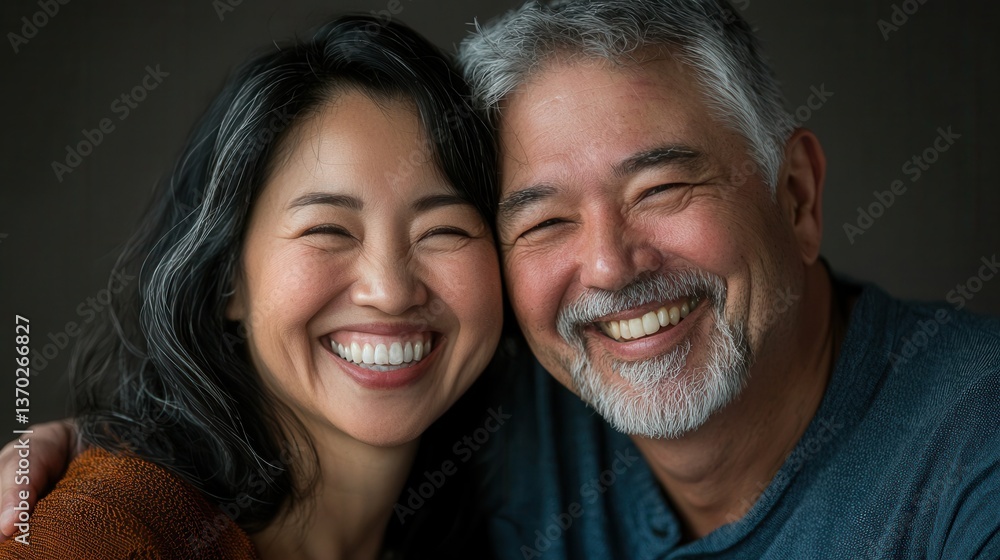 a warm and friendly studio portrait of a laughing couple, their joyful expressions captured in perfect detail with soft natural lighting. a warm and friendly studio portrait of a laughing couple, their joyful expressions captured in perfect detail with soft natural lighting.