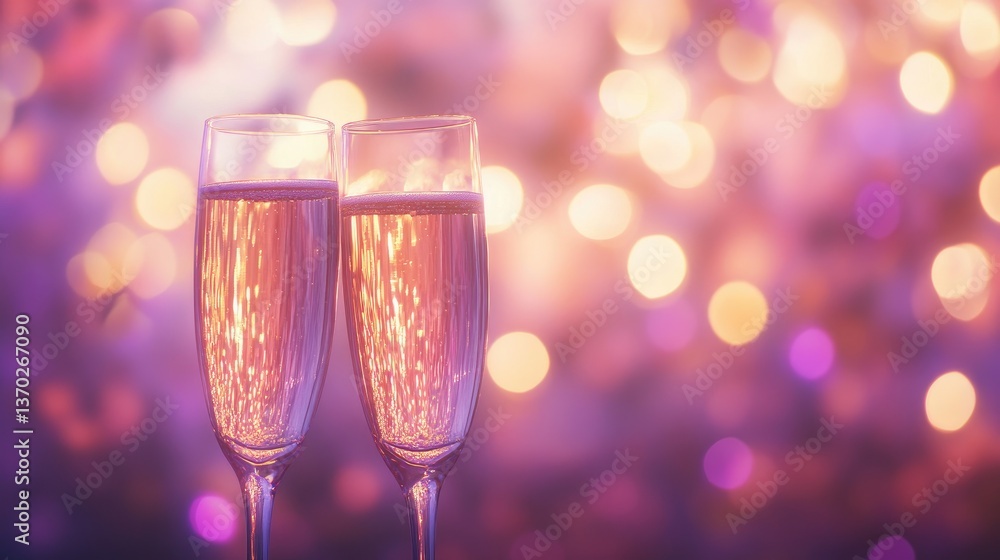 Cheers to new beginnings! Two champagne glasses meet with a soft bokeh of gold and purple lights, perfect for festive, joyful moments Cheers to new beginnings! Two champagne glasses meet with a soft bokeh of gold and purple lights, perfect for festive, joyful moments