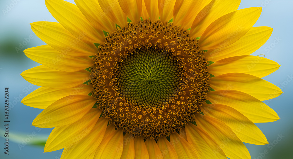Fototapeta premium Radiant Sunflower Blossom Exhibiting Warm Yellow and Gold Petals with Green Center