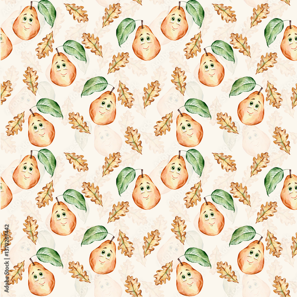 Fototapeta premium Food Autumn pattern with pears and oak leaves on a beige background.