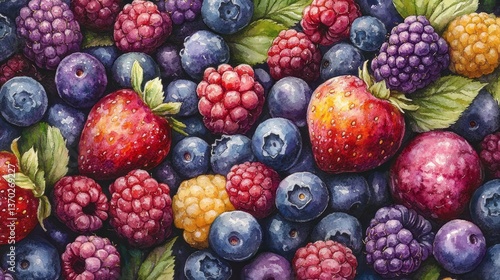 A variety of fresh mixed berries creates a watercolor painting