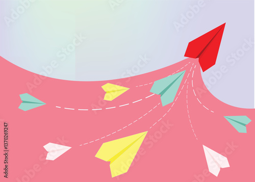 Be a leader. Individuality concept. Red paper plane flies up .Vector illustration 