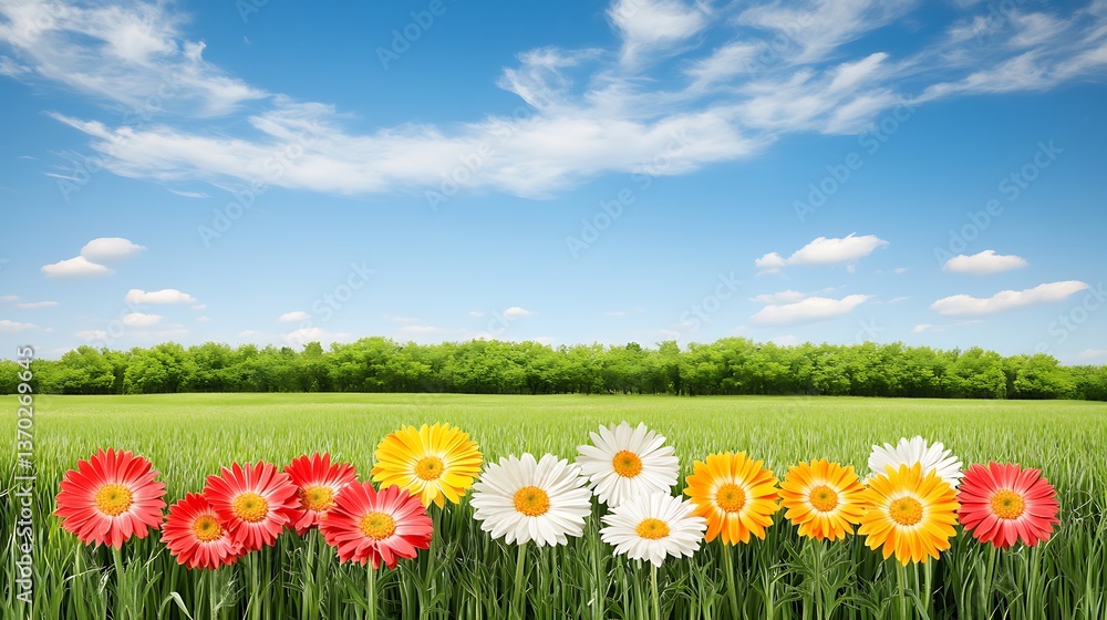 Fototapeta premium Colorful field of wildflowers under a bright blue sky with fluffy white clouds in the distance