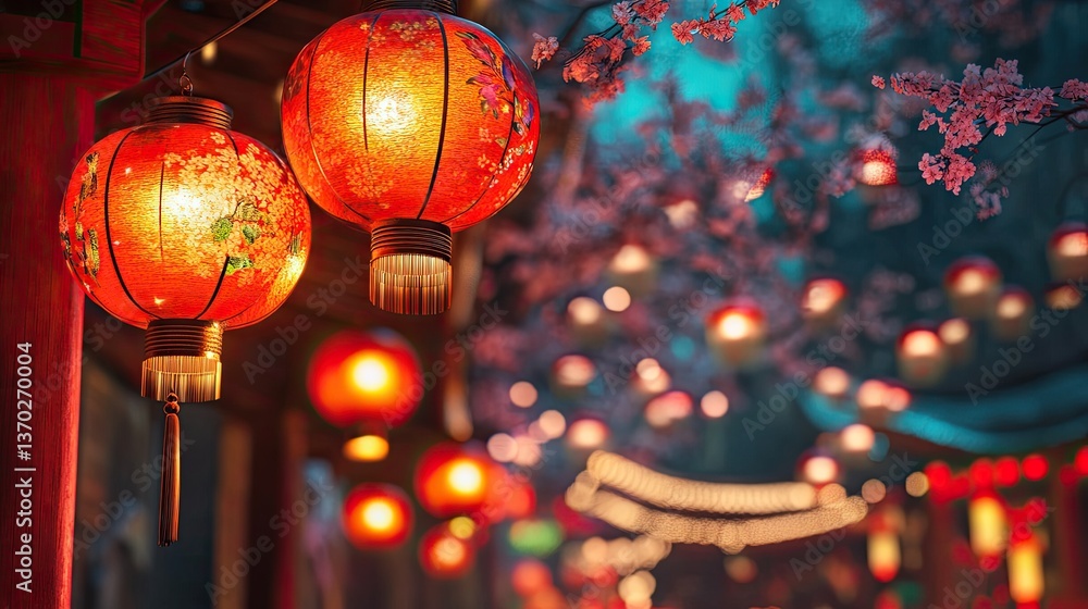 Vibrant Lanterns and Blossoms in a Night Market Setting Vibrant Lanterns and Blossoms in a Night Market Setting