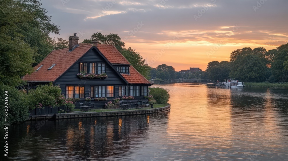 Serene sunset view of a charming waterfront home with orange roof and warm lighting reflecting on calm river waters, boat in distance. Serene sunset view of a charming waterfront home with orange roof and warm lighting reflecting on calm river waters, boat in distance.