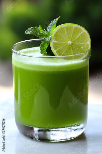 a close-up shot of a glass of vibrant green matcha lemonade,