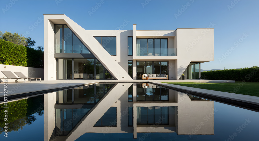 Naklejka premium Reflective pool mirroring angular architecture creating stunning home symmetry