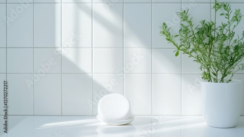 Wallpaper Mural White, minimalist bathroom scene with skincare, sunlight Torontodigital.ca