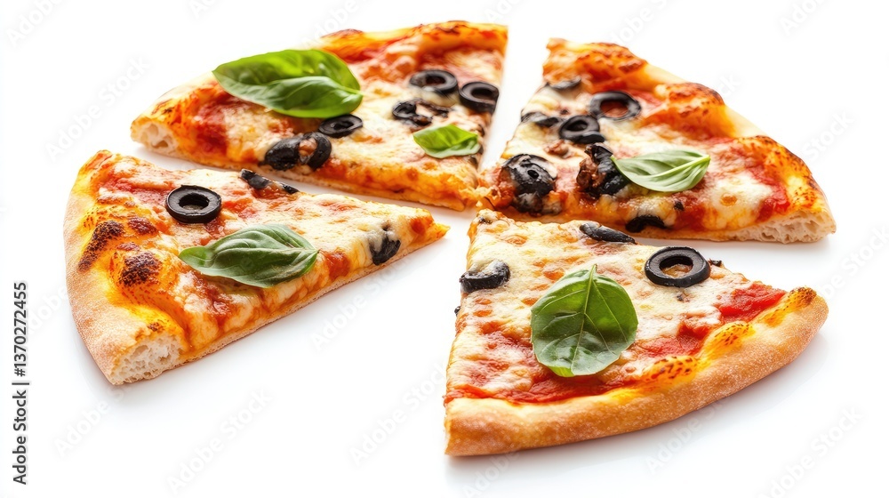 Slices of delicious pizza topped with olives and fresh basil leaves Slices of delicious pizza topped with olives and fresh basil leaves
