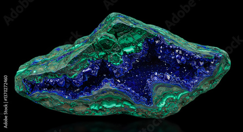 Striking cracked azurite malachite mineral specimen on a black background