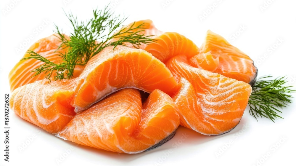 Fresh Salmon Fillets with Green Dill on White Background Fresh Salmon Fillets with Green Dill on White Background