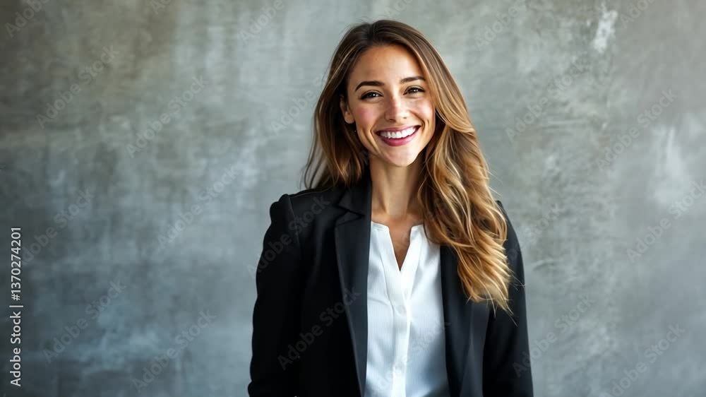 Confident Businesswoman Portrait: A Smiling Professional in a Black Blazer Against a Gray Background Confident Businesswoman Portrait: A Smiling Professional in a Black Blazer Against a Gray Background