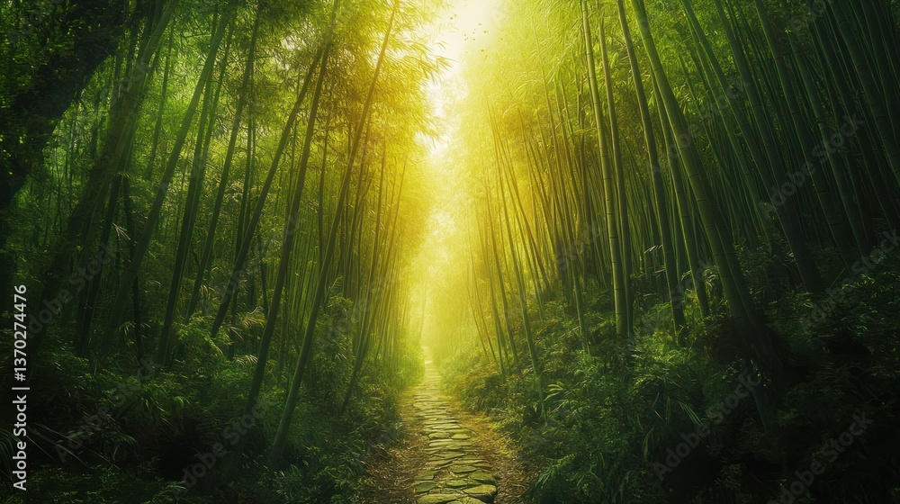 Naklejka premium Sunlit Path Through Lush Bamboo Forest