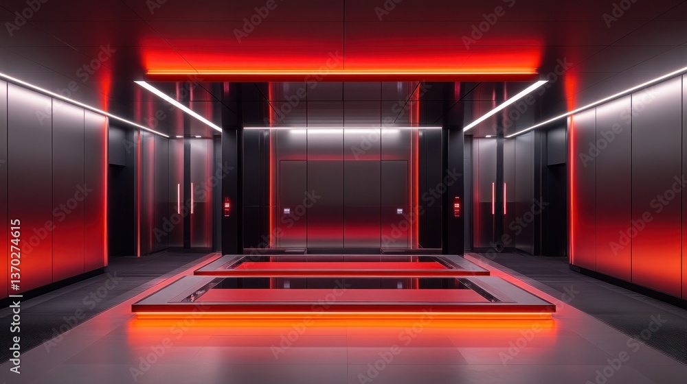 Modern, futuristic elevator lobby with vibrant red lighting Modern, futuristic elevator lobby with vibrant red lighting