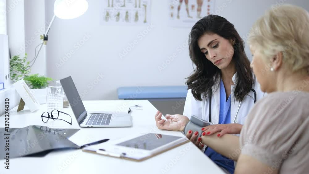 Doctor Measures Blood Pressure of Elderly Patient in Clinic Doctor Measures Blood Pressure of Elderly Patient in Clinic